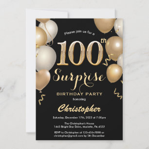 Surprise 100th Birthday Black and Gold Balloons Invitation