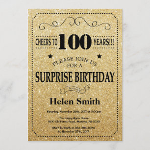 Surprise 100th Birthday Black and Gold Glitter Invitation