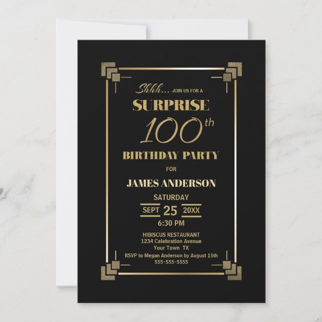 Surprise 100th Birthday Black and Gold Party Invitation (Front)