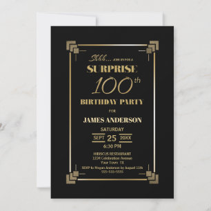 Surprise 100th Birthday Black and Gold Party Invitation