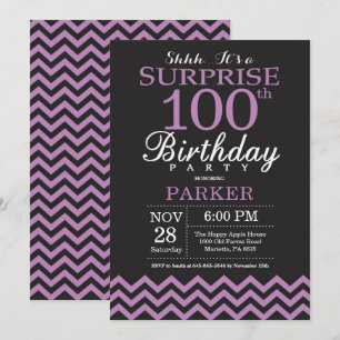 Surprise 100th Birthday Black and Purple Invitation