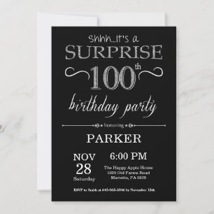 Surprise 100th Birthday Black and Silver Glitter Invitation