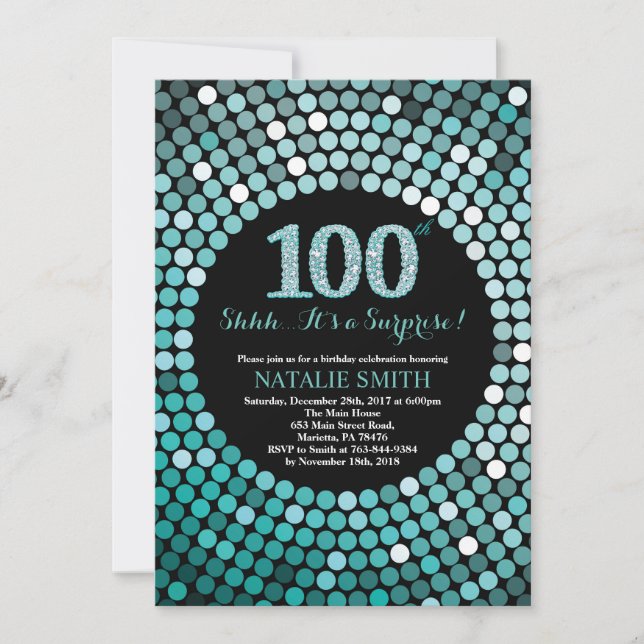 Surprise 100th Birthday Black and Teal Glitter Invitation (Front)