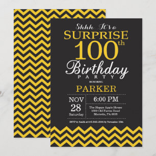 Surprise 100th Birthday Black and Yellow Chevron Invitation