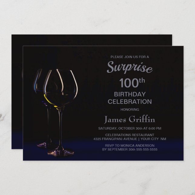 Surprise 100th Birthday Celebration Wine Glass Invitation (Front/Back)