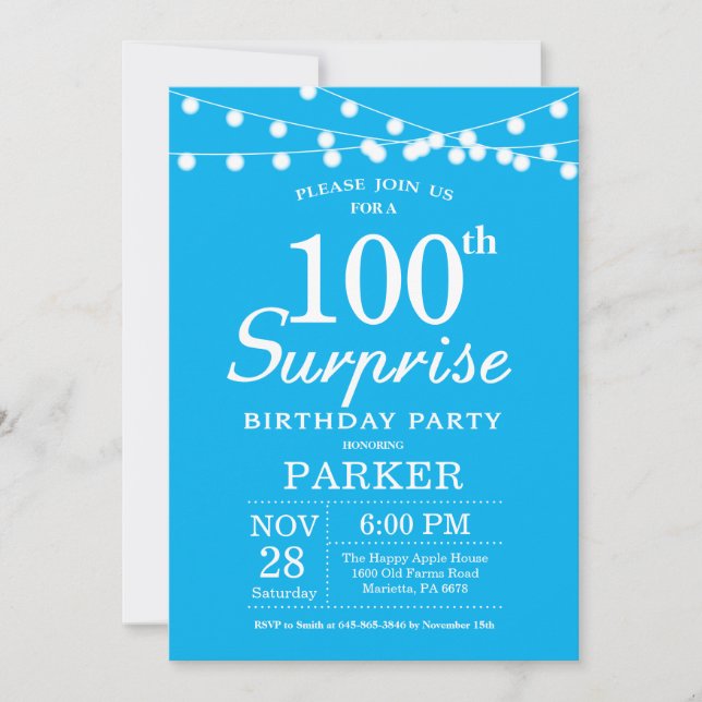 Surprise 100th Birthday Invitation Blue (Front)