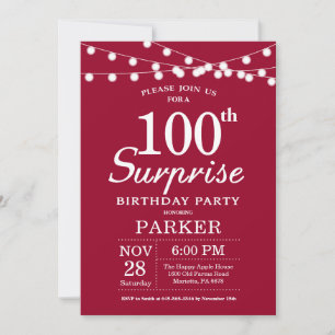 Surprise 100th Birthday Invitation Burgundy Red