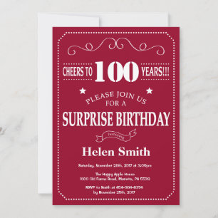 Surprise 100th Birthday Invitation Burgundy Red