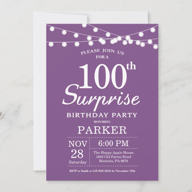 Surprise 100th Birthday Invitation Purple Lavender (Front)