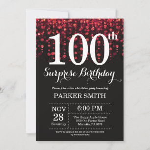 Surprise 100th Birthday Invitation Red Glitter