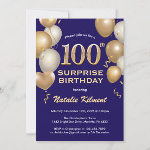Surprise 100th Birthday Navy Blu and Gold Balloons Invitation
