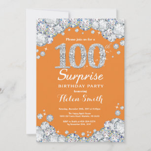 Surprise 100th Birthday Orange and Silver Diamond Invitation