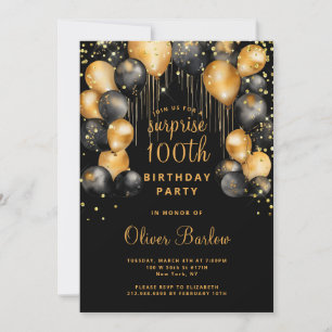 Surprise 100th Birthday Party Black Gold  Invitation