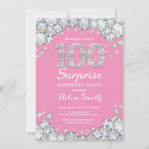 Surprise 100th Birthday Pink and Silver Diamond Invitation