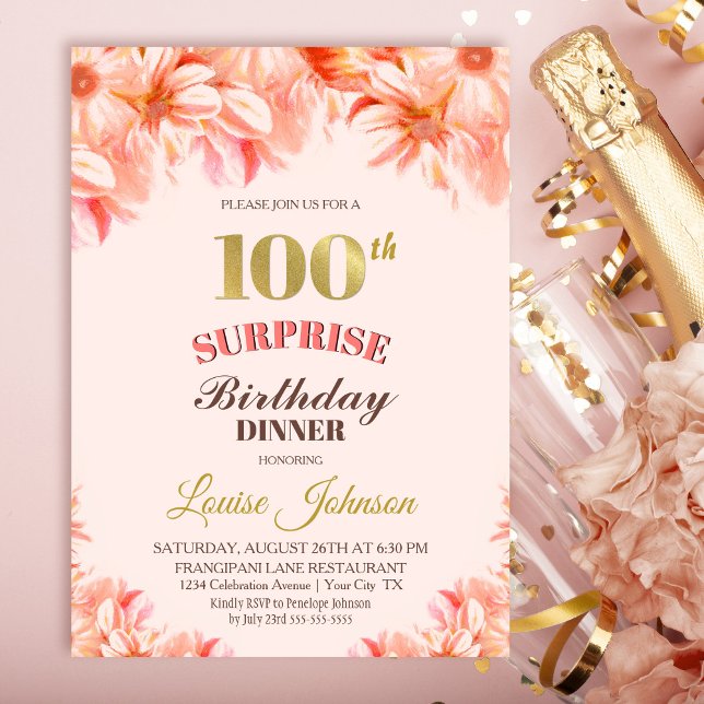 Surprise 100th Birthday Pink Gold Floral Dinner Invitation (Creator Uploaded)