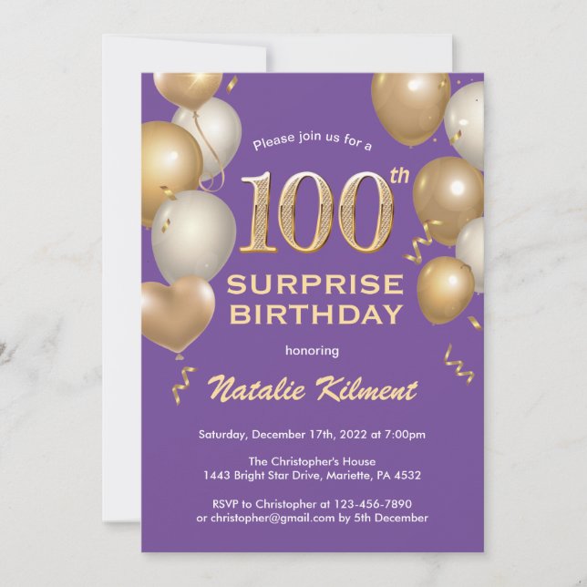 Surprise 100th Birthday Purple and Gold Balloons Invitation (Front)