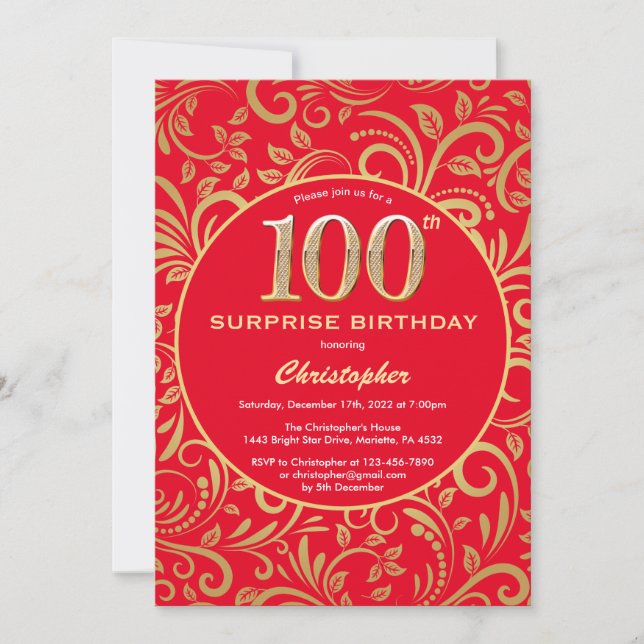 Surprise 100th Birthday Red and Gold Floral Invitation (Front)