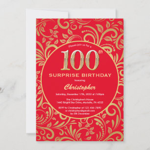 Surprise 100th Birthday Red and Gold Floral Invitation
