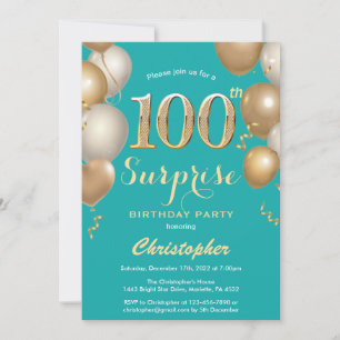 Surprise 100th Birthday Teal and Gold Balloons Invitation