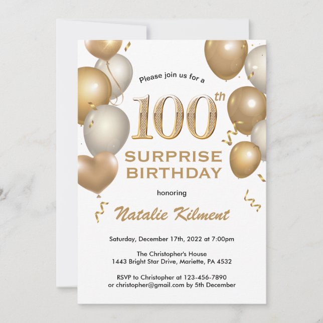 Surprise 100th Birthday White and Gold Balloons Invitation (Front)