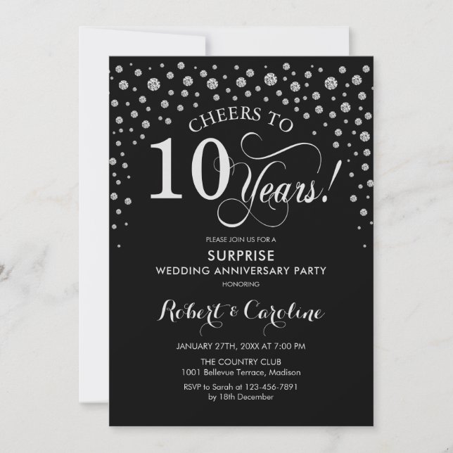 Surprise 10th Anniversary Party - Black Silver Invitation (Front)