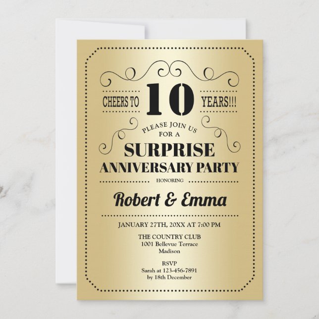 Surprise 10th Anniversary Party - Gold Black Invitation (Front)