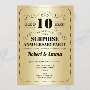 Surprise 10th Anniversary Party - Gold Black Invitation