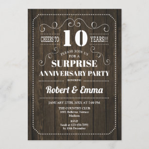 Surprise 10th Anniversary Party - Rustic Wood Invitation