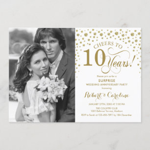 Surprise 10th Anniversary with Photo White Gold Invitation
