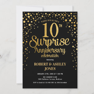 Surprise 10th Wedding Anniversary - Black & Gold Invitation