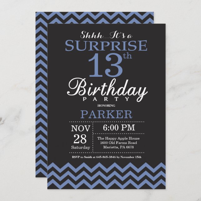 Surprise 13th Birthday Black and Blue Chevron Invitation (Front/Back)