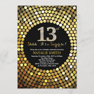 Surprise 13th Birthday Black and Gold Glitter Invitation