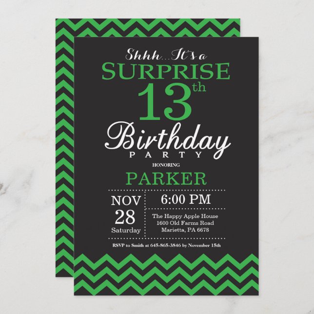Surprise 13th Birthday Black and Green Chevron Invitation (Front/Back)