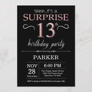 Surprise 13th Birthday Black and Rose Pink Gold Invitation