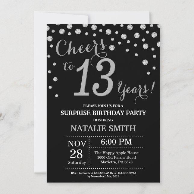 Surprise 13th Birthday Black and Silver Diamond Invitation (Front)