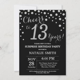 Surprise 13th Birthday Black and Silver Diamond Invitation
