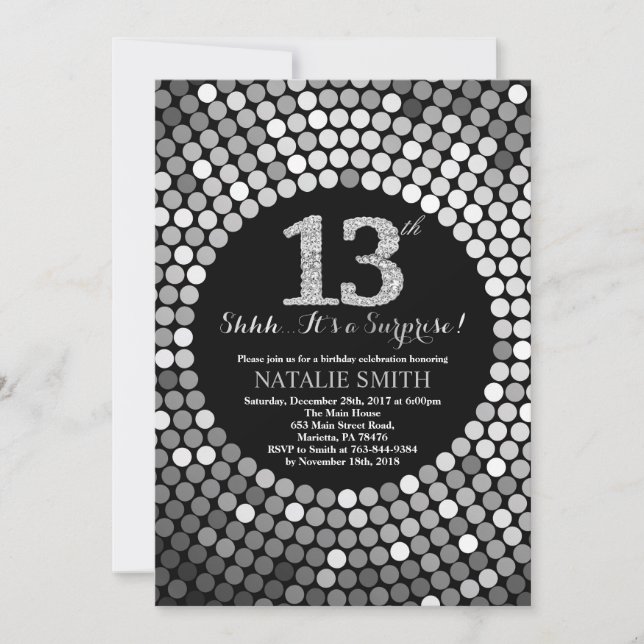 Surprise 13th Birthday Black and Silver Glitter Invitation (Front)