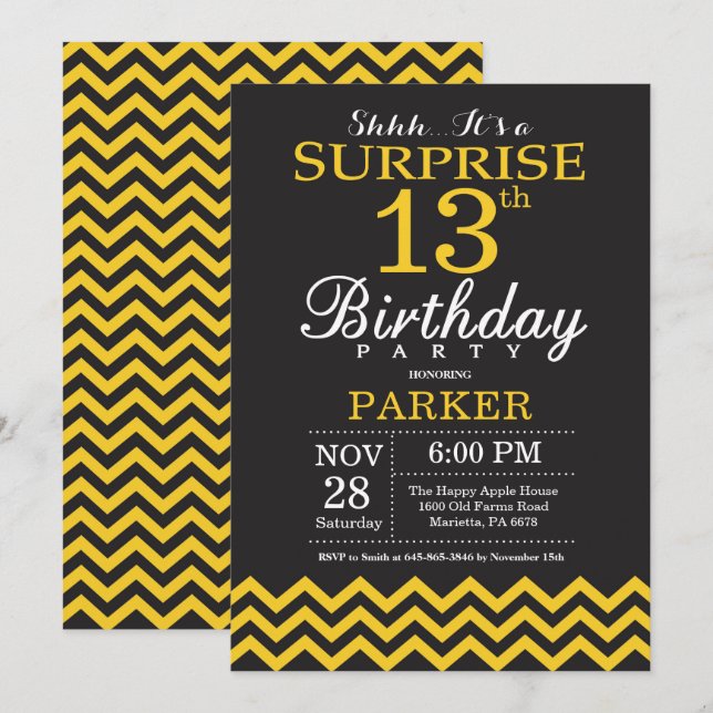 Surprise 13th Birthday Black and Yellow Chevron Invitation (Front/Back)
