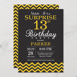 Surprise 13th Birthday Black and Yellow Chevron Invitation