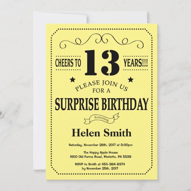 Surprise 13th Birthday Black and Yellow Invitation (Front)
