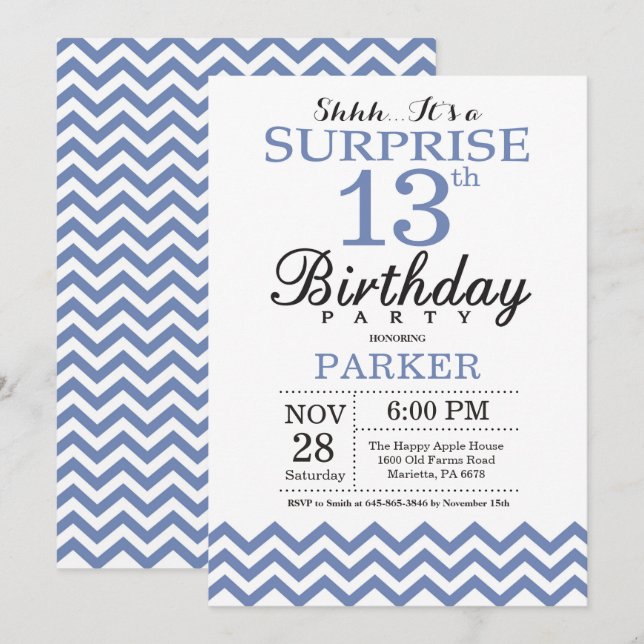 Surprise 13th Birthday Blue Chevron Invitation (Front/Back)