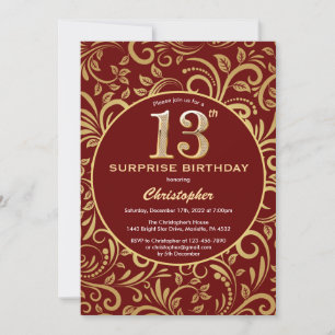 Surprise 13th Birthday Burgundy Red & Gold Floral Invitation