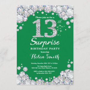Surprise 13th Birthday Green and Silver Diamond Invitation