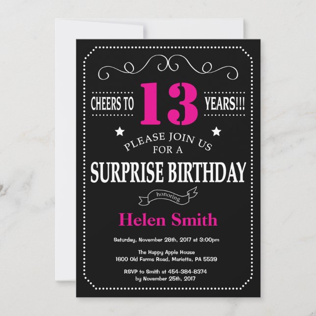 Surprise 13th Birthday Hot Pink and Black Invitation (Front)
