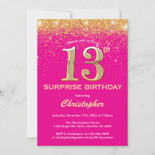 Surprise 13th Birthday Hot Pink and Gold Glitter Invitation