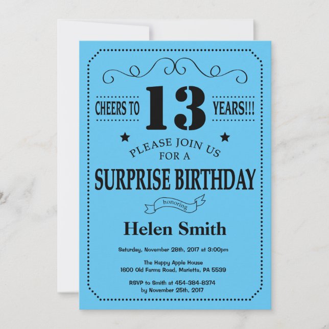 Surprise 13th Birthday Invitation Black and Blue (Front)