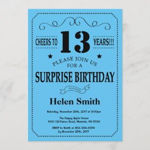 Surprise 13th Birthday Invitation Black and Blue