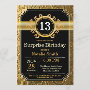 Surprise 13th Birthday Invitation Black and Gold