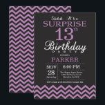 Surprise 13th Birthday Invitation Black and Purple<br><div class="desc">Surprise 13th Birthday Invitation with Black and Purple Chevron. Chalkboard. Kids Birthday. Boy or Girl Bday Invite. For further customisation,  please click the "Customise it" button and use our design tool to modify this template.</div>
