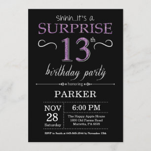 Surprise 13th Birthday Invitation Black and Purple